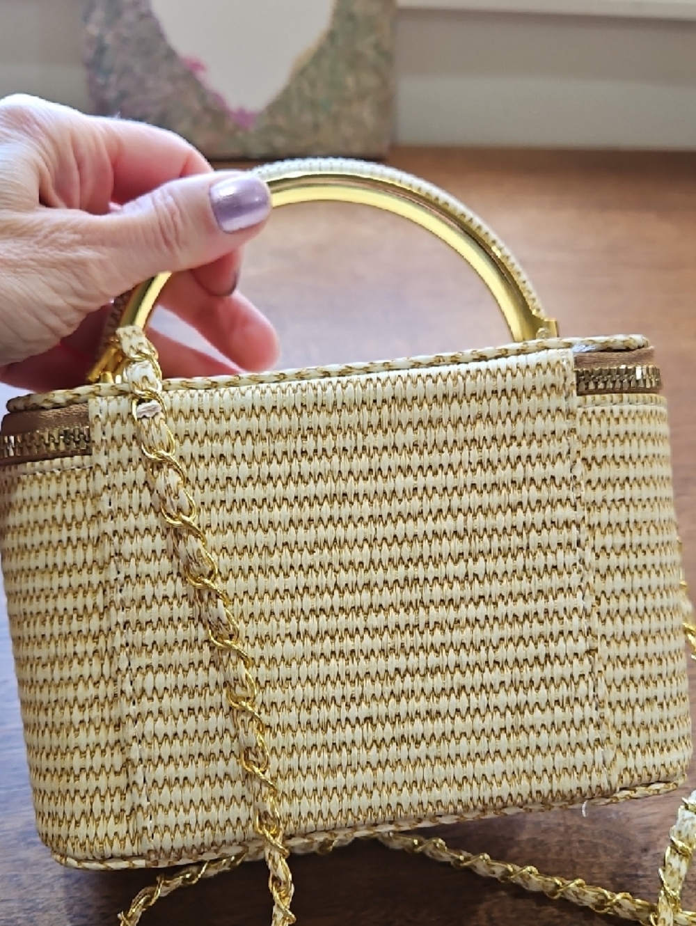 Woven Straw Top-Handle Shoulder Bag in Cream and Tan - Picture 6 of 17